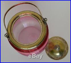 Antique Victorian cranberry threaded glass biscuit jar barrel handle lid metal