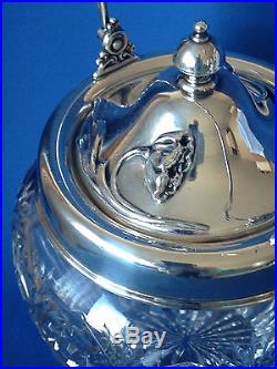 Antique Victorian cut glass biscuit jar with sterling silver lid & handle