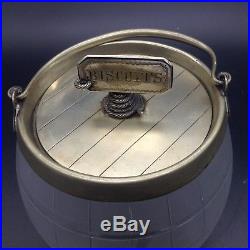 Antique Vintage Biscuit Tag Label Jar Rope Barrel Handled Jar Etched Cut Glass