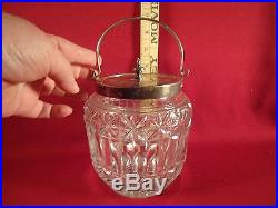 Antique Vintage Clear Cut Glass Biscuit Cookie Jar with Metal Rim and Handle