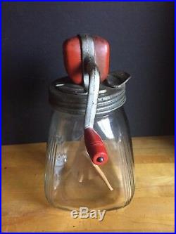 Antique Vintage Glass Jar Butter Churn Kitchen Mixer with Red Wooden Handle