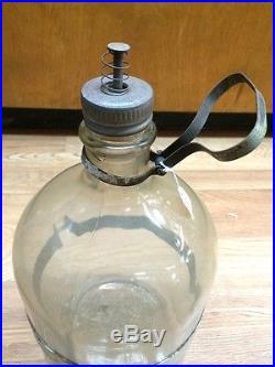 Antique Vintage Kerosene Refill Glass Bottle Jar With Spring Cap & Handle