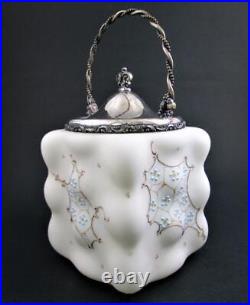 Antique WAVE CREST hp BLUE enamel FLOWERS & Netting EGG CRATE Biscuit Jar