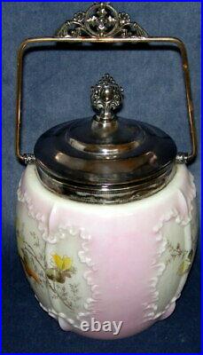 Antique Wavecrest Biscuit Barrel Jar Lid Finial & Handle Glass Flowers, Pink