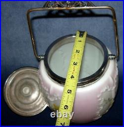 Antique Wavecrest Biscuit Barrel Jar Lid Finial & Handle Glass Flowers, Pink