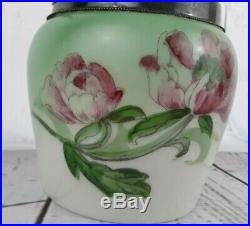 Antique Wavecrest Biscuit Barrel Jar Lid Finial Handle Glass Flowers Pink Green