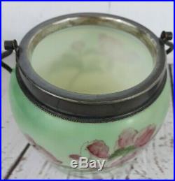 Antique Wavecrest Biscuit Barrel Jar Lid Finial Handle Glass Flowers Pink Green