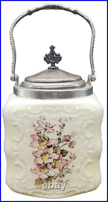 Antique Wavecrest Egg Crate Biscuit Jar Floral Decorated 11 To Top Of Handle