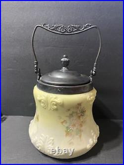 Antique Wavecrest Glass, New Amsterdam Silver Co Biscuit Cookie Jar With Flowers