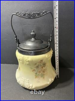 Antique Wavecrest Glass, New Amsterdam Silver Co Biscuit Cookie Jar With Flowers
