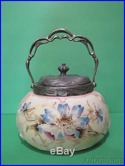 Antique Wavecrest Opal Ware Jar w Lid & Handle Floral