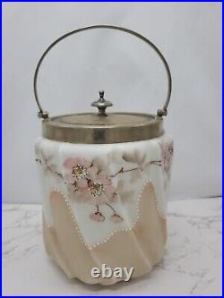 Antique White Tan Wavecrest Biscuit Cookie Jar Satin Glass Pink Flowers
