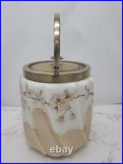 Antique White Tan Wavecrest Biscuit Cookie Jar Satin Glass Pink Flowers