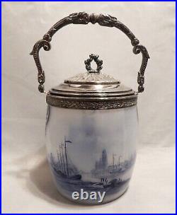 Antique Wilhelmine Opalescent Glass Hand Painted Biscuit Jar Handled Silver