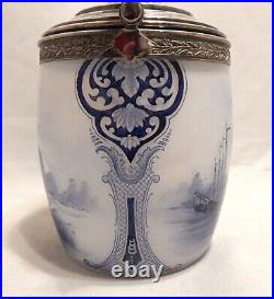 Antique Wilhelmine Opalescent Glass Hand Painted Biscuit Jar Handled Silver