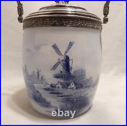 Antique Wilhelmine Opalescent Glass Hand Painted Biscuit Jar Handled Silver