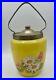 Antique YELLOW OPALINE Lemon Art Glass Floral Metal Handled Cracker BISCUIT JAR