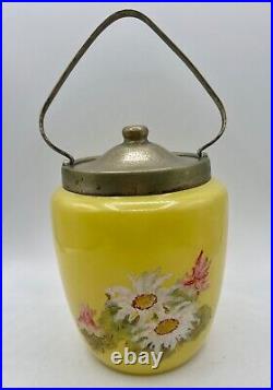 Antique YELLOW OPALINE Lemon Art Glass Floral Metal Handled Cracker BISCUIT JAR