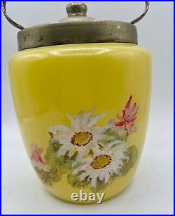 Antique YELLOW OPALINE Lemon Art Glass Floral Metal Handled Cracker BISCUIT JAR