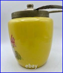 Antique YELLOW OPALINE Lemon Art Glass Floral Metal Handled Cracker BISCUIT JAR