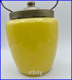 Antique YELLOW OPALINE Lemon Art Glass Floral Metal Handled Cracker BISCUIT JAR