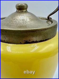 Antique YELLOW OPALINE Lemon Art Glass Floral Metal Handled Cracker BISCUIT JAR