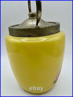 Antique YELLOW OPALINE Lemon Art Glass Floral Metal Handled Cracker BISCUIT JAR