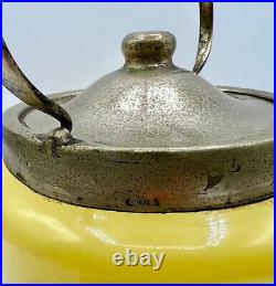 Antique YELLOW OPALINE Lemon Art Glass Floral Metal Handled Cracker BISCUIT JAR