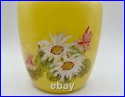 Antique YELLOW OPALINE Lemon Art Glass Floral Metal Handled Cracker BISCUIT JAR