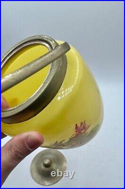 Antique YELLOW OPALINE Lemon Art Glass Floral Metal Handled Cracker BISCUIT JAR