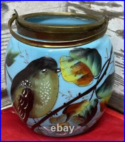 Antique blue French opaline glass Jar Brass Handle hand painted Birds Flowers