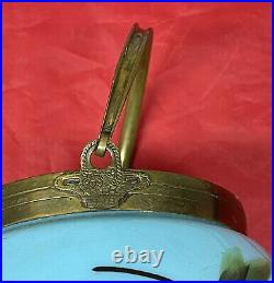 Antique blue French opaline glass Jar Brass Handle hand painted Birds Flowers