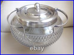 Antique c. 1900 Diamond Pattern Crystal Biscuit Barrel with Silver Plated Lid Jar