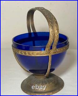 Antique cobalt blue glass filigree ornate bronze candy jar dish bowl with handle