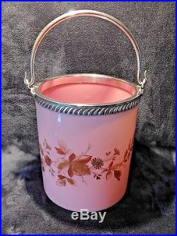 Antique cracker jar pink encased enameled silver handled jar