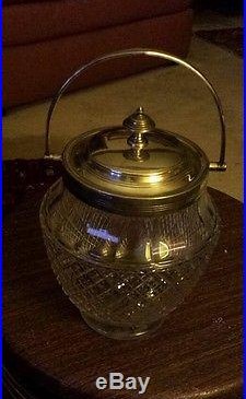 Antique cut glass biscuit Jar with silver plated top and handle