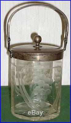 Antique silver Cookie jar Candy box Glass Handle basket Art Nouveau