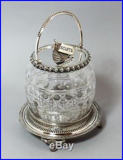 Antique silver plate cut-glass/crystal biscuit barrel cookie jar rope handle