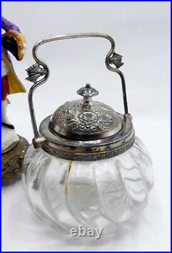 Antique silver plated & glass sugar jar w handle