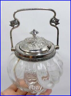 Antique silver plated & glass sugar jar w handle