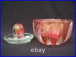 Archemede Seguso Art Glass Pink Adventurine Ribbed Sommerso Vanity Powder Box