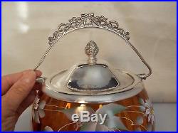 Art Glass Hand ainted Cracker/Biscuit Jar- Amber Glass Silverplate Lid & Handle