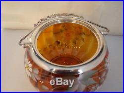 Art Glass Hand ainted Cracker/Biscuit Jar- Amber Glass Silverplate Lid & Handle