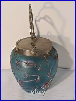 Art Nouveau Iridescent Bohemian Blue Glass Handled Jar Flower Patterns with Lid