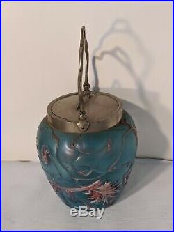 Art Nouveau Iridescent Bohemian Blue Glass Handled Jar Flower Patterns with Lid