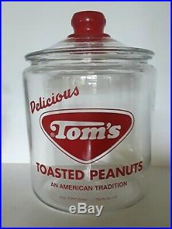 Authentic Vintage Delicious Tom's Toasted Peanuts Glass Jar with Red Handle Lid