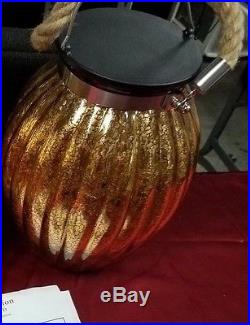 BEAUTIFULNew Large Ribbed Golden Speckled Glass Jar Lantern with Rope Handle