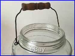 BIG GENERAL STORE PICKLE JAR Wire Wood Handle ANTIQUE GLASS BARREL EMBOSSED
