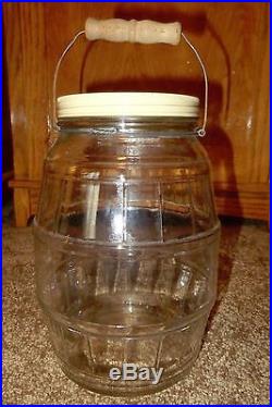 BIG OLD 9 1/2 VINTAGE GLASS PICKLE BARREL JAR WITH WOOD GRIP METAL HANDLE & LID