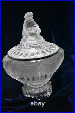 Baccarat Crystal Elephant Handles Covered Jar Compote with Sterling Silver Rim